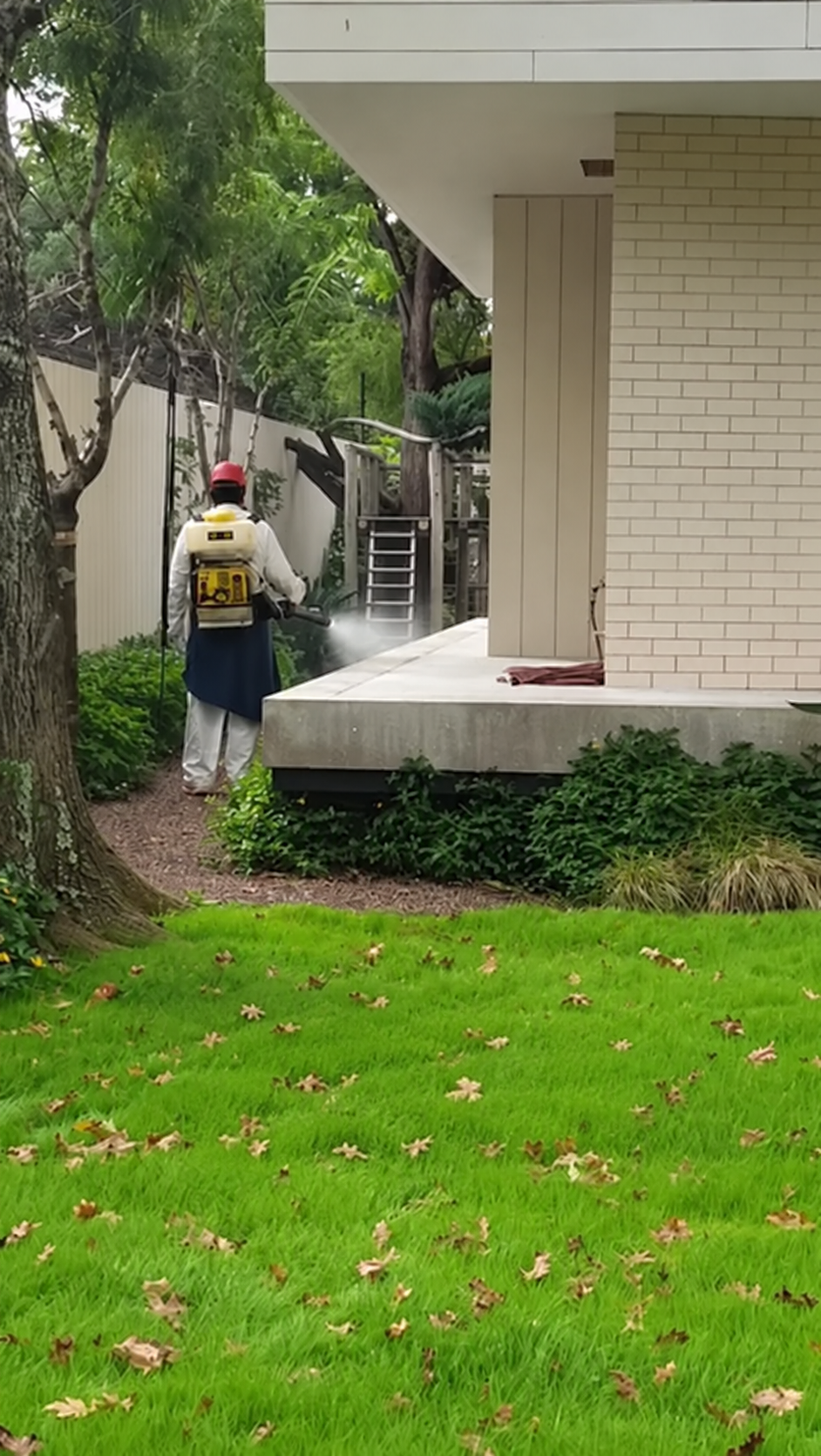 Trabajo de fumigación de VAC en el jardín de una vivienda